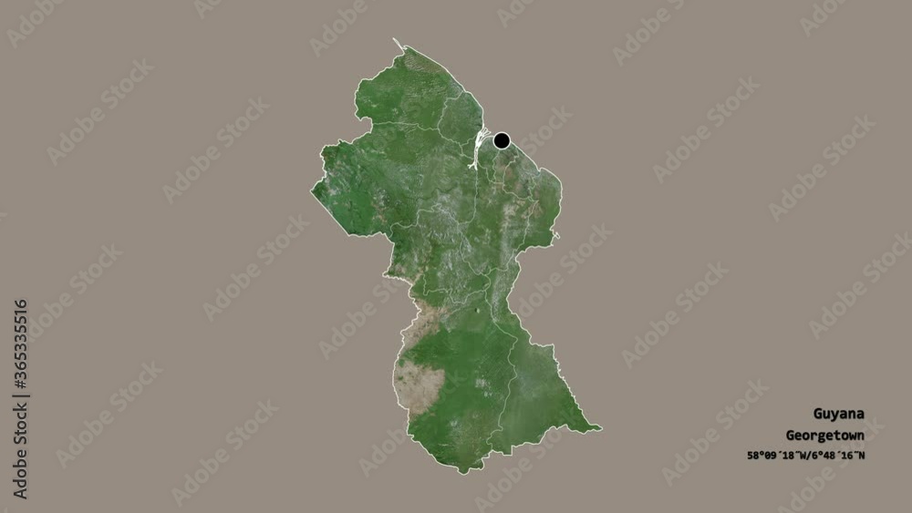 Essequibo Islands-West Demerara, region of Guyana, with its capital, localized, outlined and zoomed with informative overlays on a satellite map in the Stereographic projection. Animation 3D Essequibo Islands-West Demerara, region of Guyana, with its capital, localized, outlined and zoomed with informative overlays on a satellite map in the Stereographic projection. Animation 3D