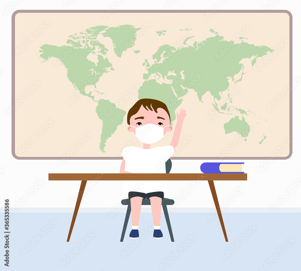 Vector cute happy schoolgirl sitting at the desk with hand up. 
