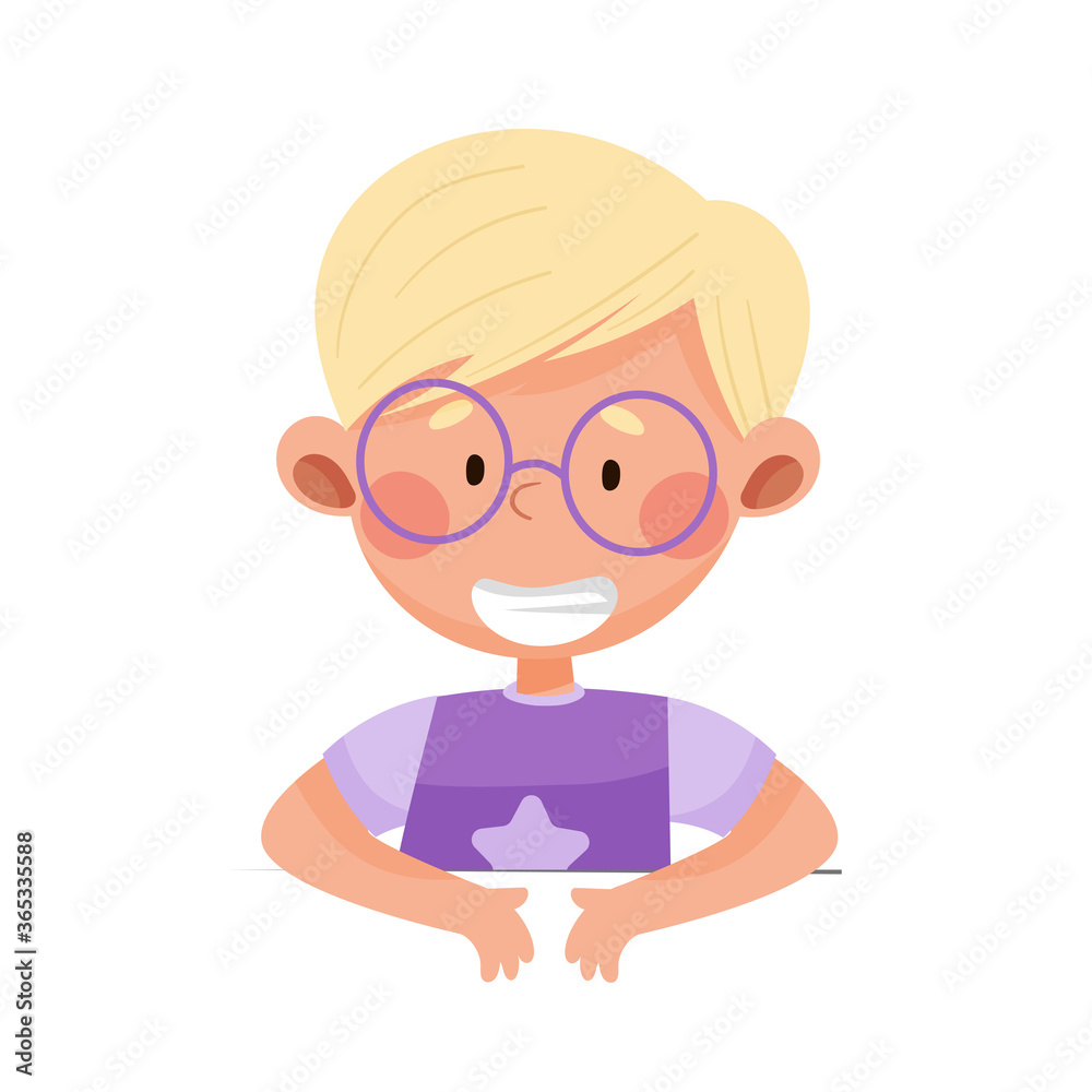 Cute Boy Character with Blonde Hair Sitting at Table or School Desk and Listening Vector Illustration Cute Boy Character with Blonde Hair Sitting at Table or School Desk and Listening Vector Illustration