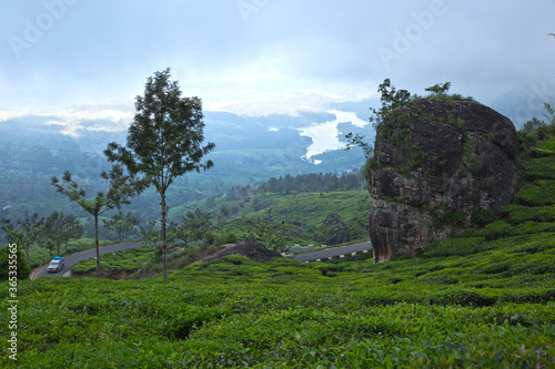 A vehicle driving through the beautiful curvy road  in the tea plantations of Munnar  Kerala. A tranquil river is flowing in the background.