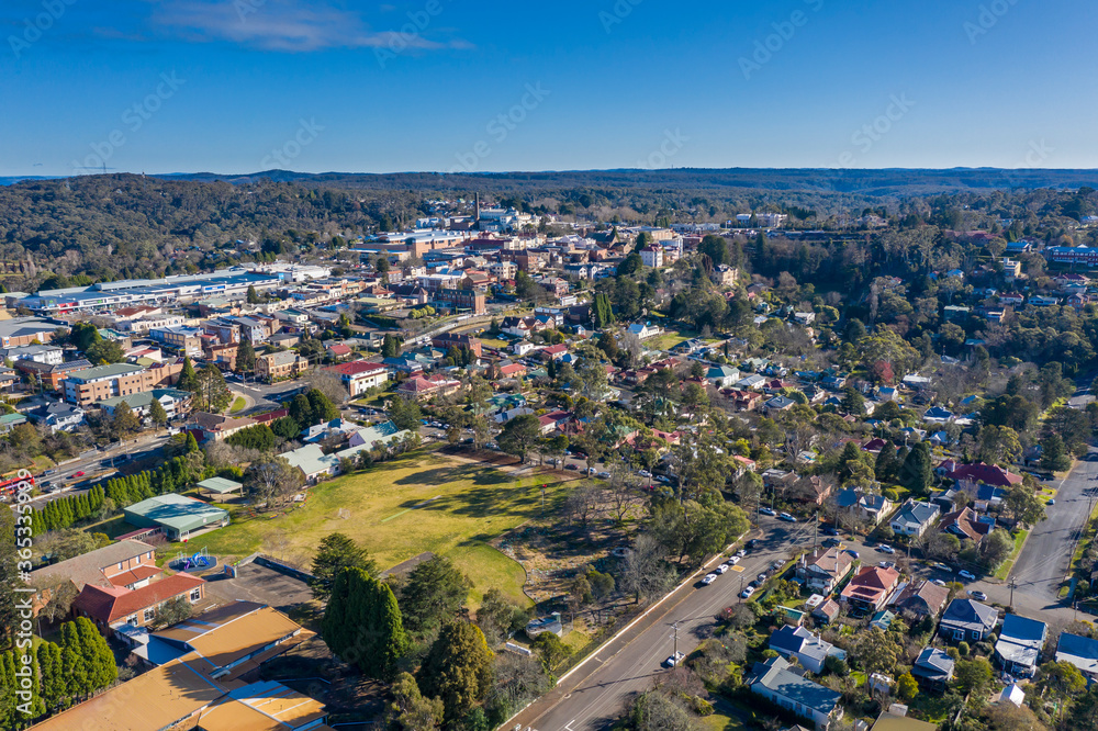 Aerial view of Katoomba and the surroundings in The Blue Mountains in Australia