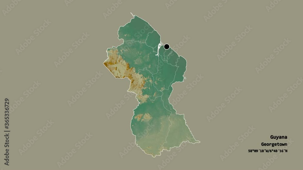 Potaro-Siparuni, region of Guyana, with its capital, localized, outlined and zoomed with informative overlays on a relief map in the Stereographic projection. Animation 3D Potaro-Siparuni, region of Guyana, with its capital, localized, outlined and zoomed with informative overlays on a relief map in the Stereographic projection. Animation 3D