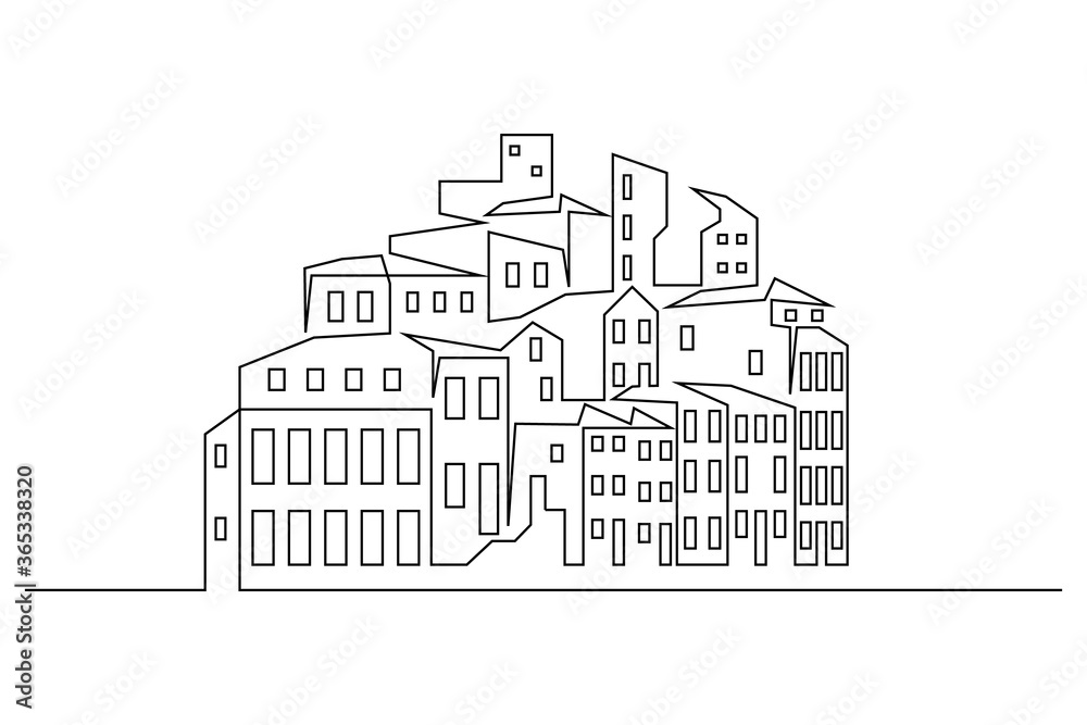 Abstract drawing of town on the hill in line art drawing style. Small hilltop settlement black linear design isolated on white background. Vector illustration