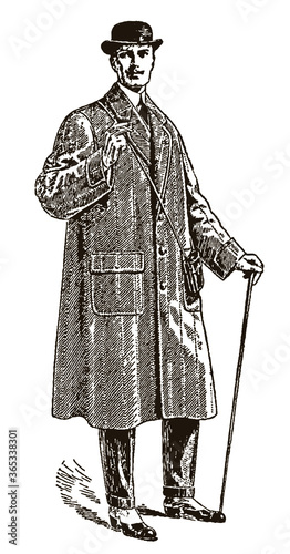 Gentleman from the early 20th century wearing a bowler hat, gaiters and a long overcoat and holding a cigarette and a walking stick
