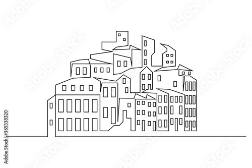 Abstract drawing of town on the hill in line art drawing style. Small hilltop settlement black linear design isolated on white background. Vector illustration