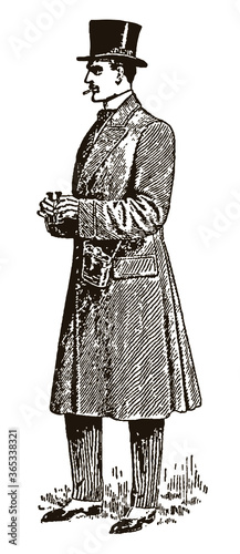 Smoking gentleman from the early 20th century wearing top hat, gaiters and long coat and holding binoculars in his hands