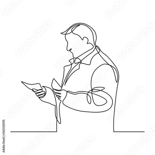 Man with money in continuous line art drawing style. Middle-aged man holding cash in hands while counting or paying for something. Minimalist black linear sketch isolated on white background