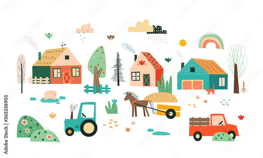 Village illustration with small cute houses, household utensils and rural appliances in childrens style. 