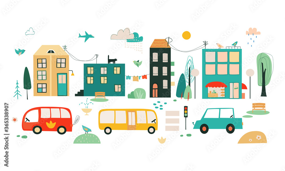 Cartoon city illustration. Landscape map with cute houses, cars, trees, weather icons clouds, sun, rainbow in childrens style. 