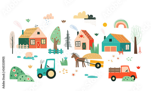 Village illustration with small cute houses, household utensils and rural appliances in childrens style. © vivali