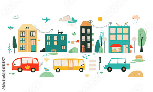 Cartoon city illustration. Landscape map with cute houses, cars, trees, weather icons clouds, sun, rainbow in childrens style. © vivali