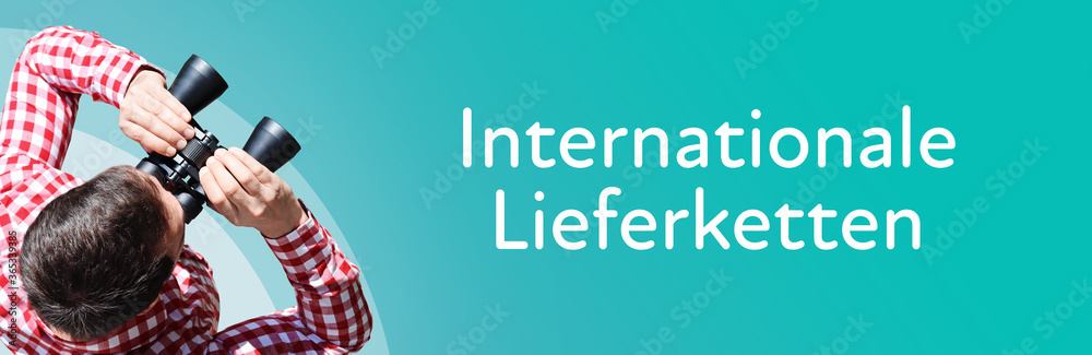 Naklejka premium Internationale Lieferketten. Mann mit Fernglas aus Vogelperspektive. Beobachtung, Draufsicht, Panorama. Business Text auf blau. Statistik, Wirtschaft