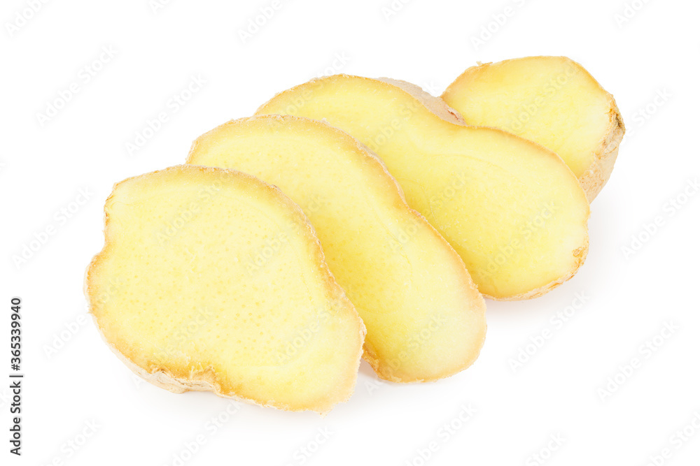 sliced ginger roots isolated on white background sliced ginger roots isolated on white background