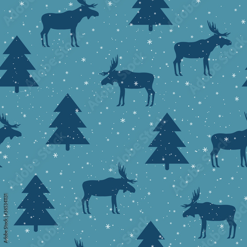 winter seamless pattern with elk and spruce. vector illustration. © MaskaRad