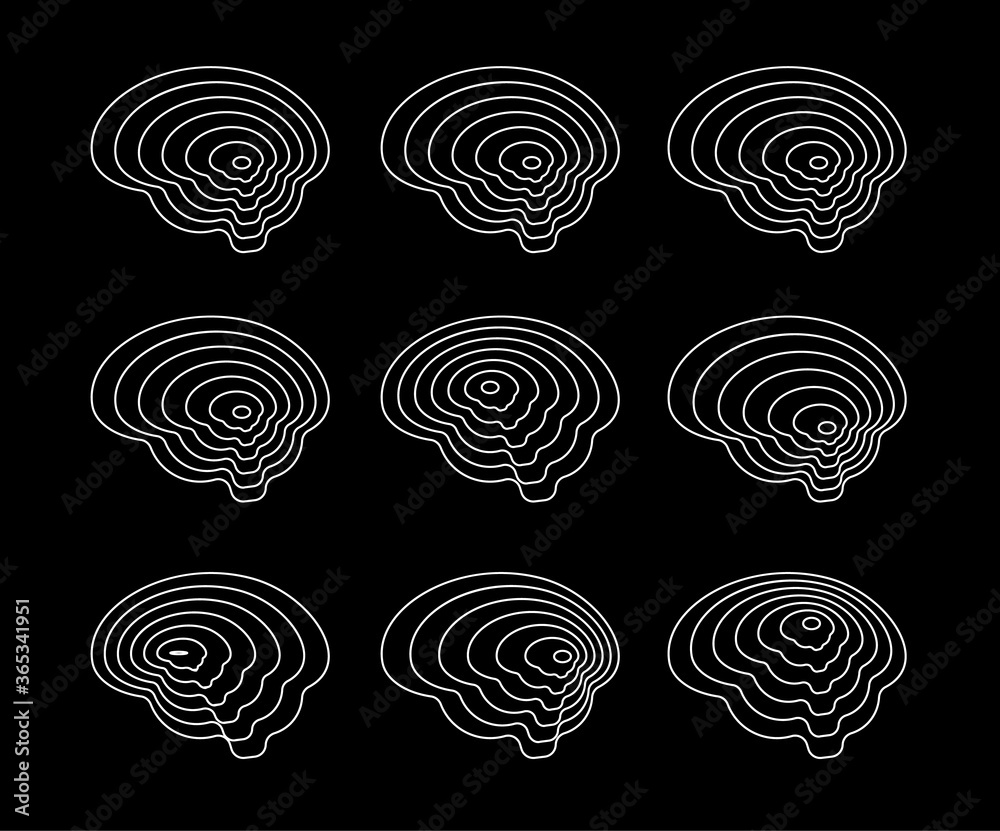 Set of contour brain shapes, topographic maps, abstract hiking collection, modern logo template, top view vector illustration Set of contour brain shapes, topographic maps, abstract hiking collection, modern logo template, top view vector illustration