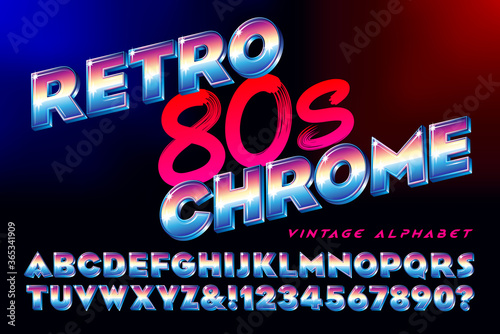 A Retro 80s Style Chrome Alphabet. This Font is Reminiscent of Eighties Airbrush Lettering Styles.
