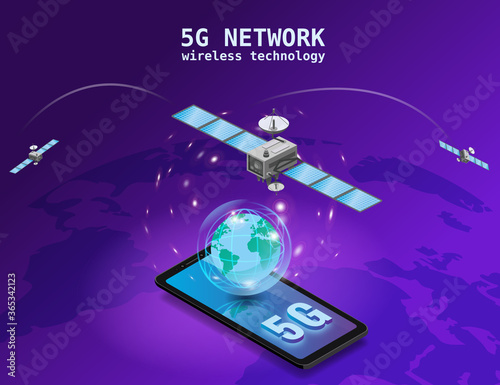 Global 5G internet network satellite communication. Satellites flying orbital upon Earth