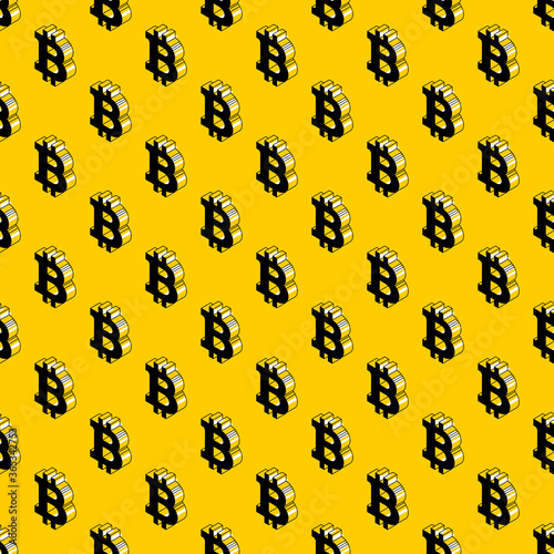 Black-white isometric symbols of cryptocurrency bitcoin seamless pattern on a yellow background. Modern business geometric illustration. Vector eps10