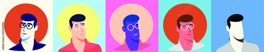 Fototapeta premium Young man portrait. Colored pack of various sets and silhouette. Avatar. Vector Flat Illustration.