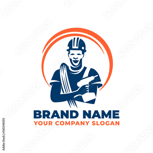 Construction work logo. Worker with tool