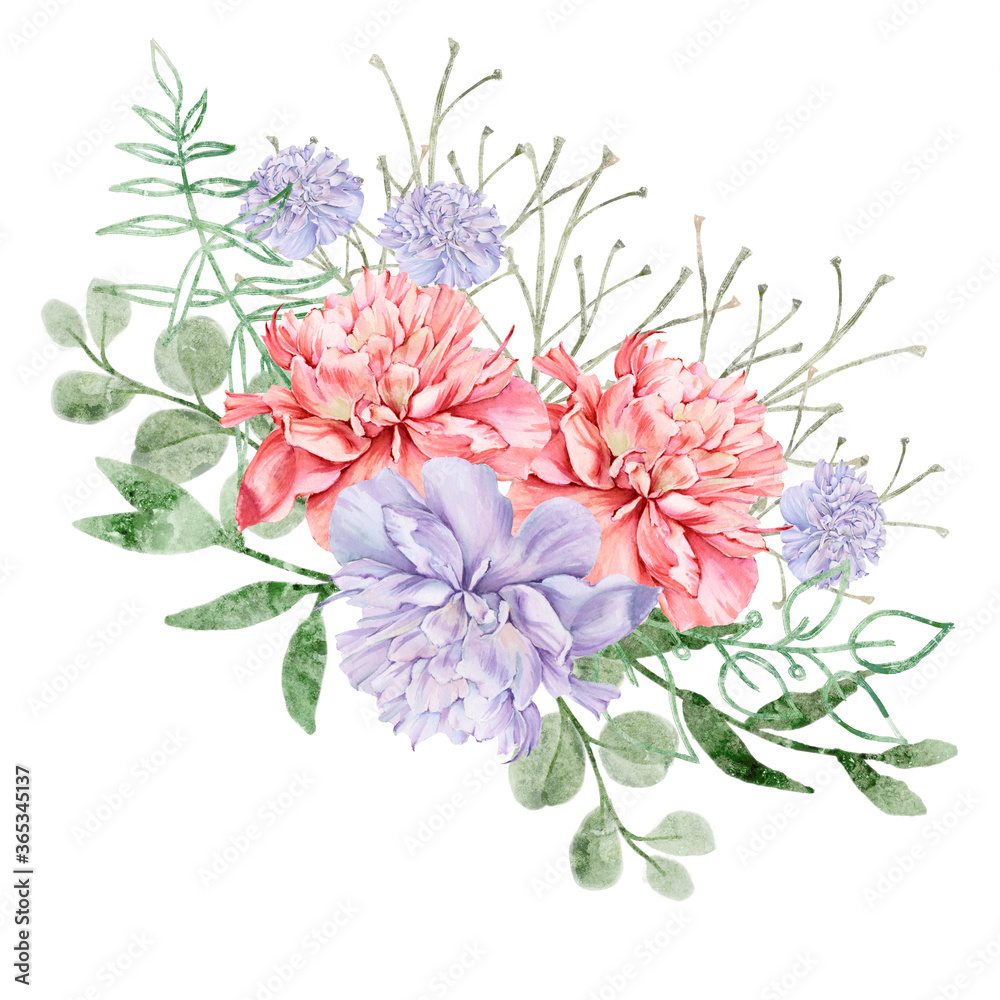Bouquet of peony flowers. Isolated drawing.