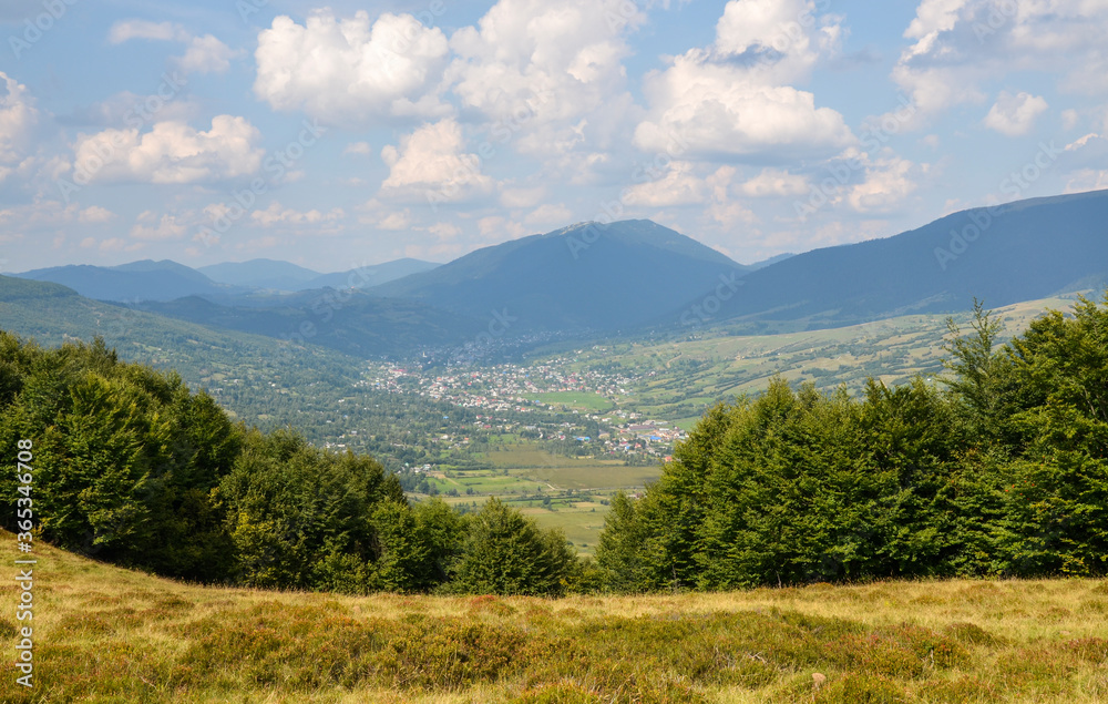 Beautiful nature mountain landscape with mountains, grassy fields, trees and Carpathian village in valley under blue sky with clouds in summer day