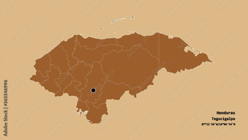 La Paz, department of Honduras, with its capital, localized, outlined and zoomed with informative overlays on a solid patterned map in the Stereographic projection. Animation 3D La Paz, department of Honduras, with its capital, localized, outlined and zoomed with informative overlays on a solid patterned map in the Stereographic projection. Animation 3D