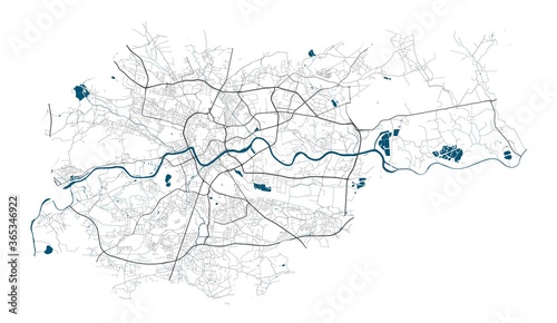 Map of Krakow city within administrative borders with roads and rivers on white background