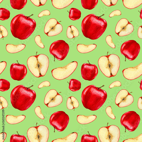 Seamless pattern, red, juicy apples, whole and in a cut. Illustration fruit with the use of watercolor paints, for decoration, tablecloth, cover, apron. Figure on a green background