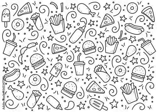 Hand drawn set of fast food elements, burger, pizza, sandwich, hamburger, snack. Comic doodle sketch style. Fast food element drawn by digital brush-pen. Vector illustration for icon, menu, frame