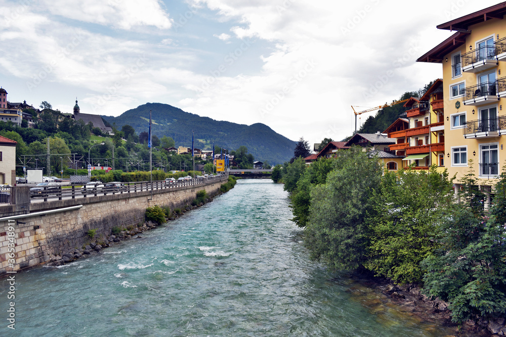 Mountain river in the Bavarian village near the Royal lake.European tourism and travel.