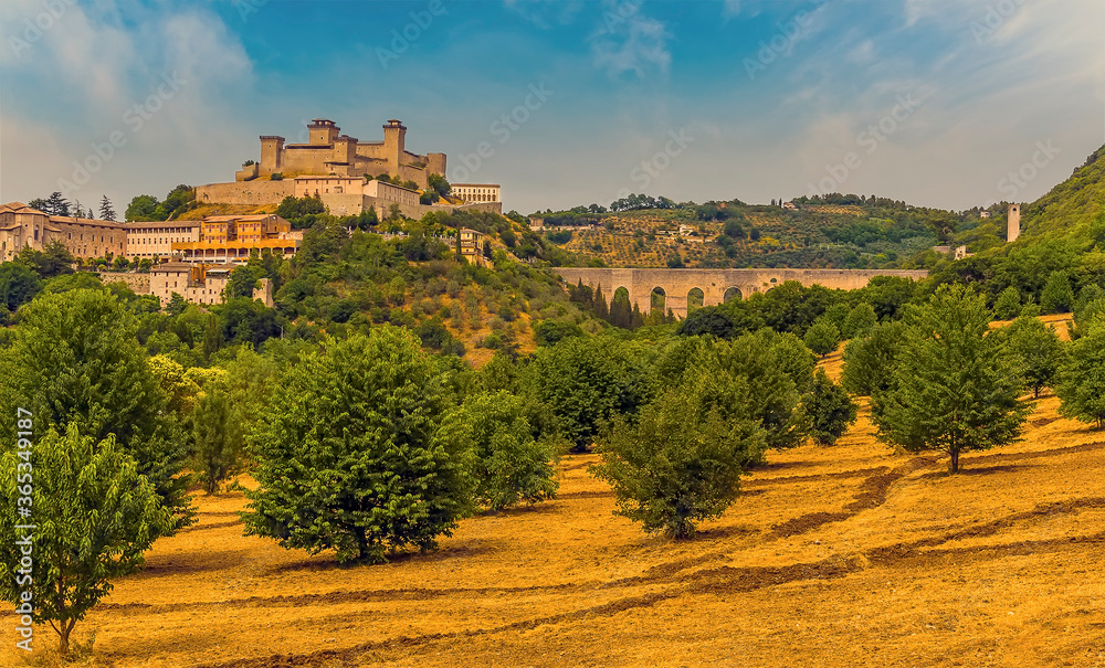 A view across a straw lined olive grove towards the Tower Bridge and the hill top fortress in Spoleto, Italy in summer