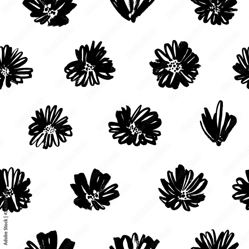 Brush flower vector seamless pattern. Hand drawn botanical ink illustration with floral motif. Camomile or daisy painted by brush. Hand drawn black print for fabric, wrapping paper, wallpaper design