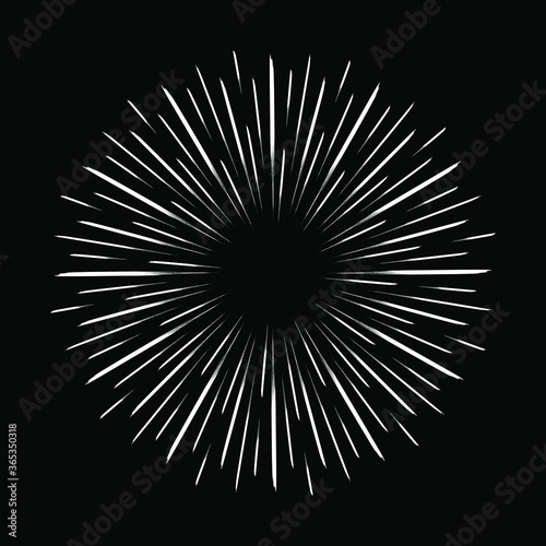 White grunge radial speed lines. Circle form. Explosion background. Star rays. Sunburst. Fireworks. Handwritten design element for frames, prints, tattoo, web, template, logo, and comic books
