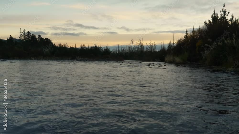 Wild River at Evening and Forest Background, Slow Ascending Wild River at Evening and Forest Background, Slow Ascending