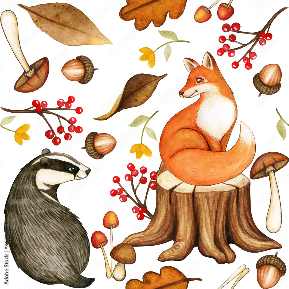 Fototapeta premium cute watercolor woodland pattern with fox and badger