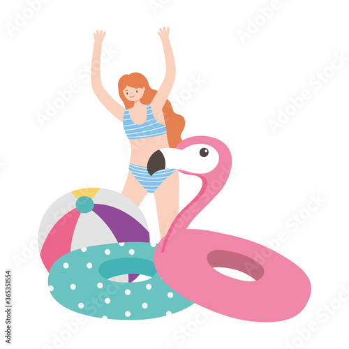summer time happy woman with floats and ball vacation tourism