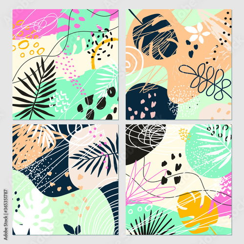 Modern colorful abstract art templates with floral and geometric elements. Trendy summer cards for different events, invitation, wedding, birthday, party.