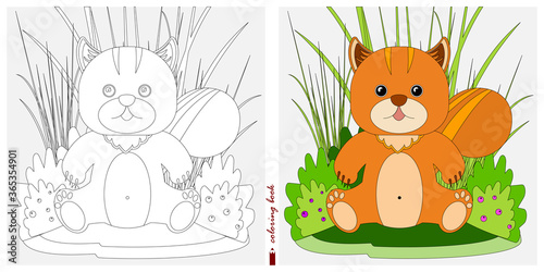 Black-and-white and color images for a color book. Contour drawing with children's themes. A squirrel is sitting in a clearing among reeds and ferns. For color books, children's prints, postcards.