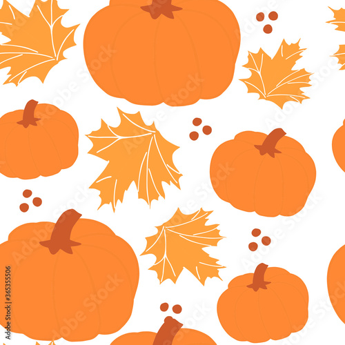 Pumpkin and maple leaves yellow color fall seamles pattern. Hand drawn clip art illustration. Thanksgiving, happy harvest celebrate. Fabric design