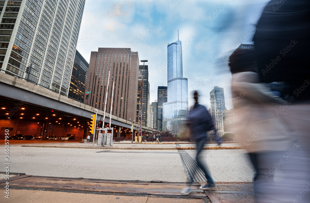Street scene, intersection East Upper Whacker and Columbus Drive tiered road and highrise buildings, Chicago, Illinois, USA Street scene, intersection East Upper Whacker and Columbus Drive tiered road and highrise buildings, Chicago, Illinois, USA