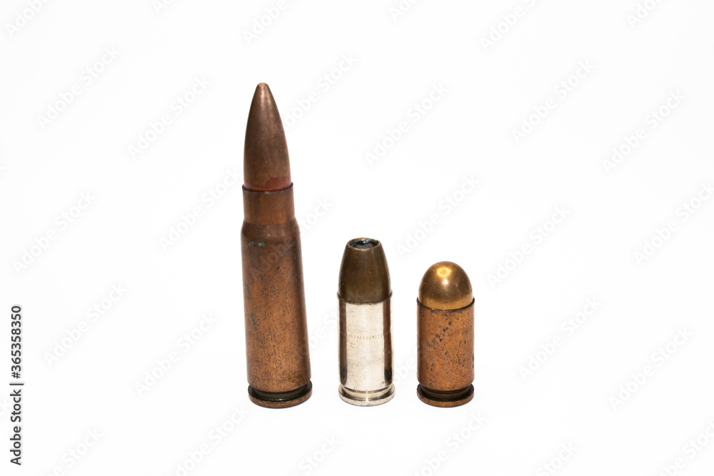 Ammo Bullet Group Including Rifle and Two Pistol Ammunition Standing No Background on White only Isolated Ammo Bullet Group Including Rifle and Two Pistol Ammunition Standing No Background on White only Isolated