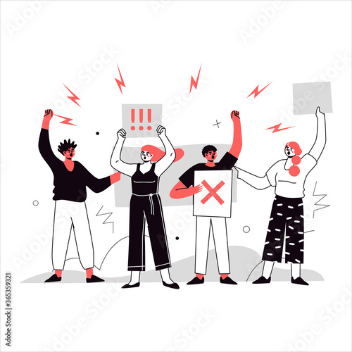 Crowd of protesters with banners, flags. Voting people at the demonstration. Isolation of the concept of political rally and the vector of protest. Illustration of group protest.
