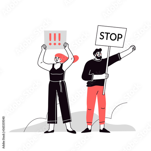 Humans of protesters with banners, flags. Voting people at the demonstration. Isolation of the concept of political rally and the vector of protest. Illustration of group protest.