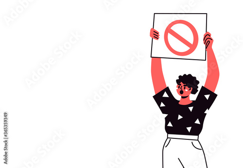 Person, a woman protesting with a banner. Demonstration, rally. Expression of opinion, dissent.