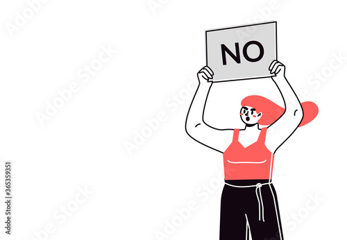 Person, a woman protesting with a banner. Demonstration, rally. Expression of opinion, dissent.