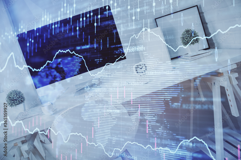 Double exposure of financial graph drawing and office interior background. Concept of stock market. Double exposure of financial graph drawing and office interior background. Concept of stock market.