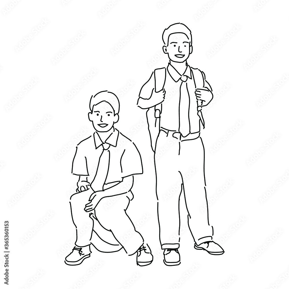 male students pose Monoline Illustration