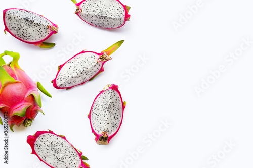 Dragon fruit slices, pitaya isolated on white background. Delicious tropical exotic fruit