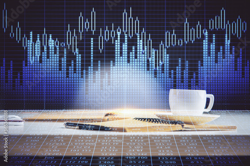 Multi exposure of forex graph drawing and desktop with coffee and items on table background. Concept of financial market trading
